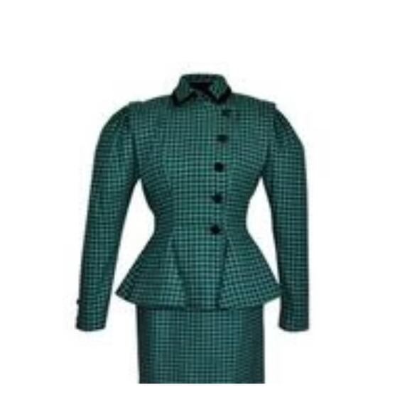 Victor Costa Herringbone Dress Suit Mid 20th Century Lined Velvet Green/Blk SM - Picture 7 of 7